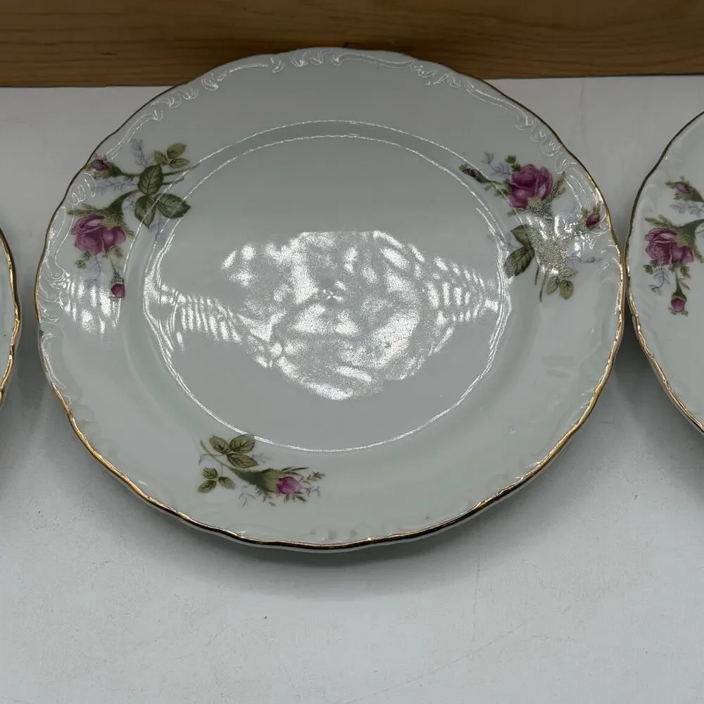 Vintage Pink Rose Porcelain Saucer / Dessert Plates with Gold Trim – Set of 5